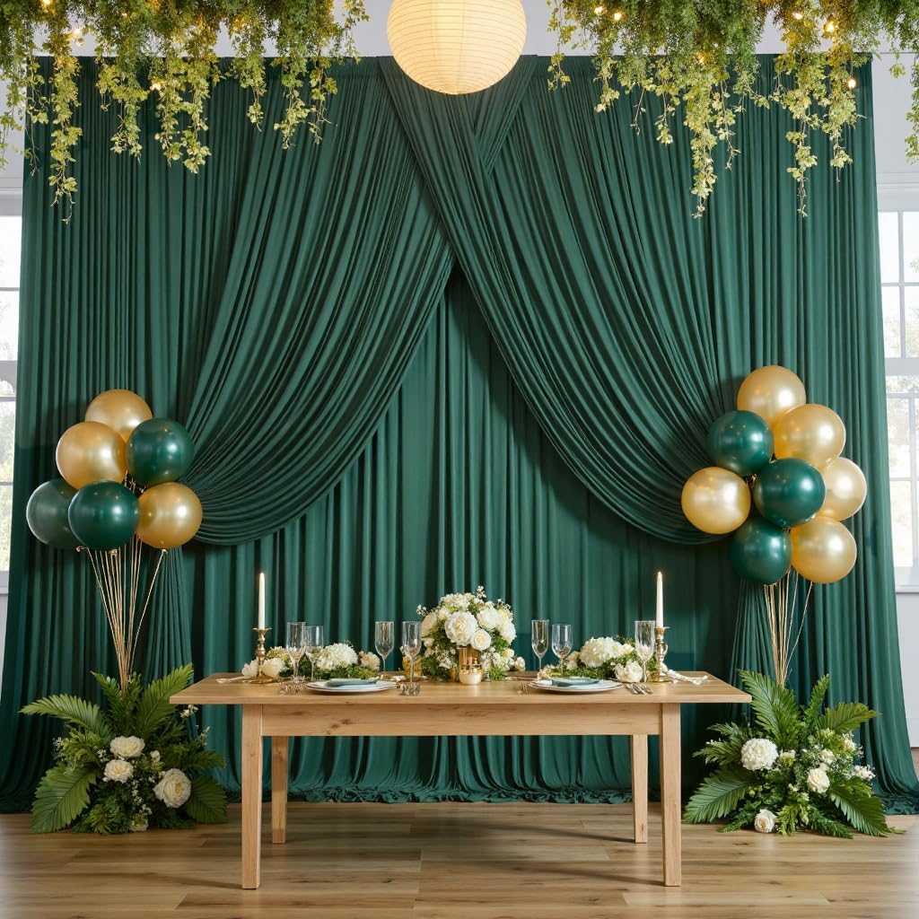 40ftx10ft Wrinkle FreeHunter Green Backdrop Curtains for Party Background, 8 Panels Silky Fabric Green Photo Backdrop Drapes Back Drop Cloth for Wedding Birthday Photography Baby Shower Decor