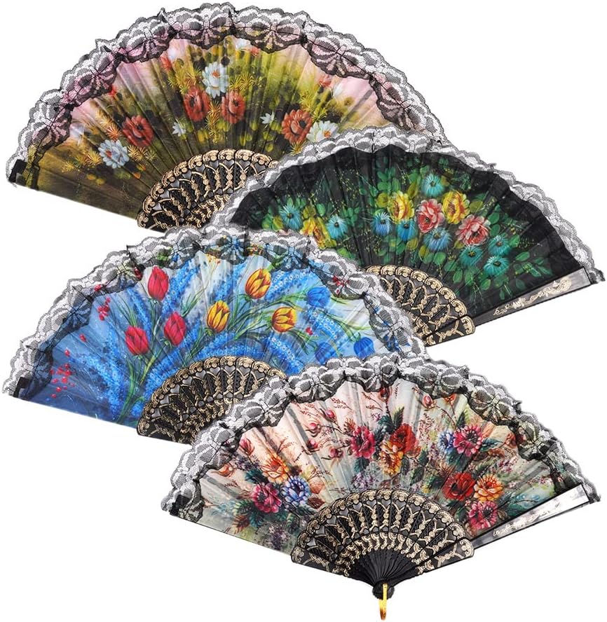 HUNANBANG 4 Pieces Folding Hand Fans Church Wedding Gift, Party Favors, DIY Decoration Gift Size9 Wholesale 4pack (Spanish 4pack)