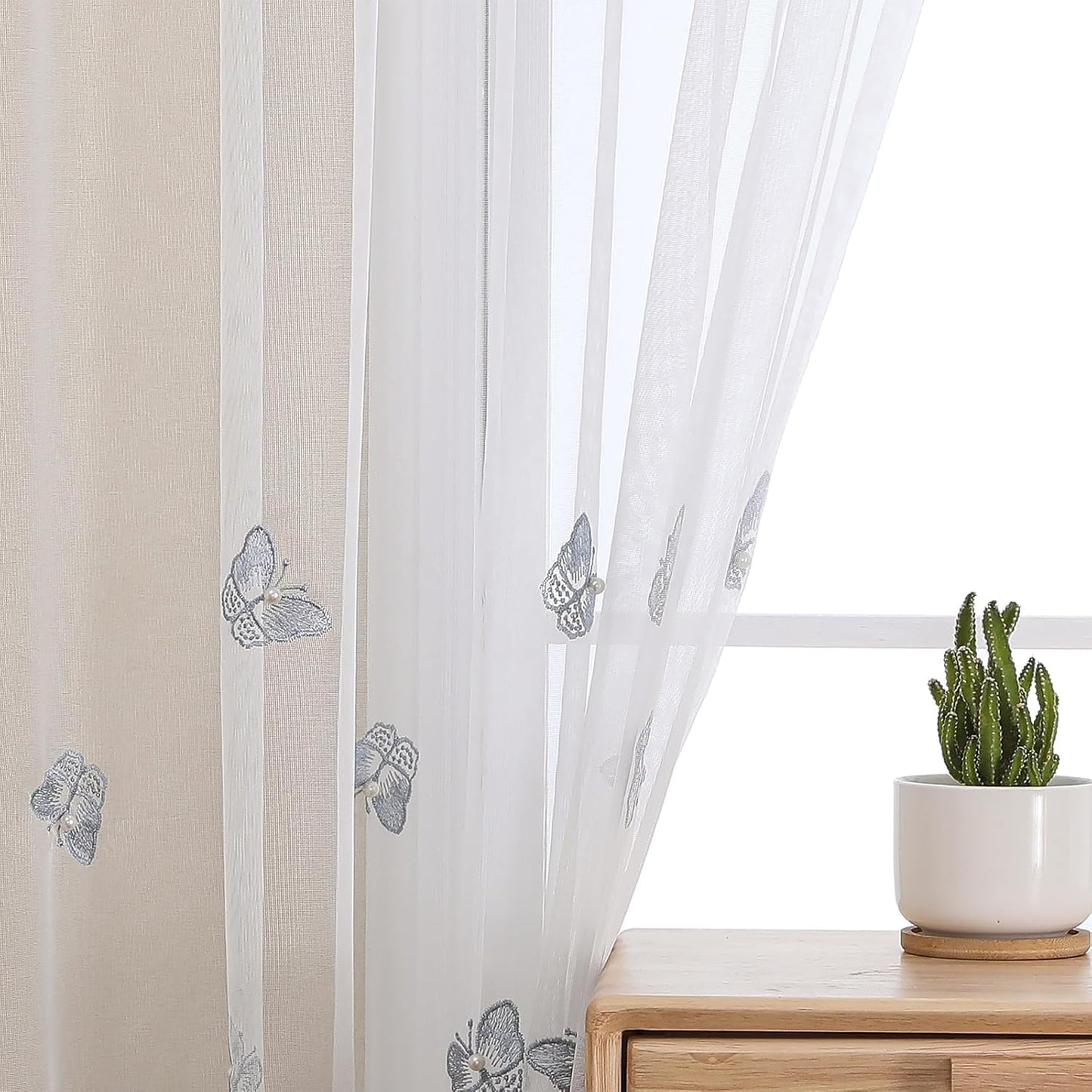 VISIONTEX White Sheer Voile Curtains, Decorative Blue Embossed Butterflies Rod Pocket Window Drapes for Home Kitchen, Living Room and Bedroom 54 x 72 Inch, Set of 2 Curtain Panels