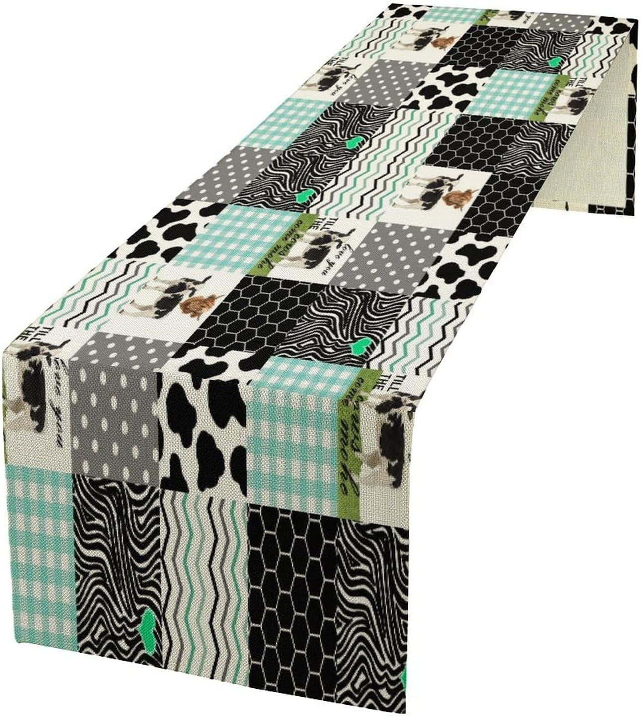 Cute Cow Print Table Runner,Farm Animals Honeycomb Plaid Stripes Cowhide Pattern Tablecloth Burlap for Hotel Indoors Outdoor Dining Room Kitchen Table Decor, 13x90in