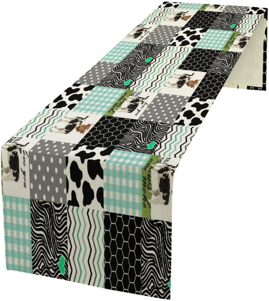 Cute Cow Print Table Runner,Farm Animals Honeycomb Plaid Stripes Cowhide Pattern Tablecloth Burlap for Hotel Indoors Outdoor Dining Room Kitchen Table Decor, 13x90in