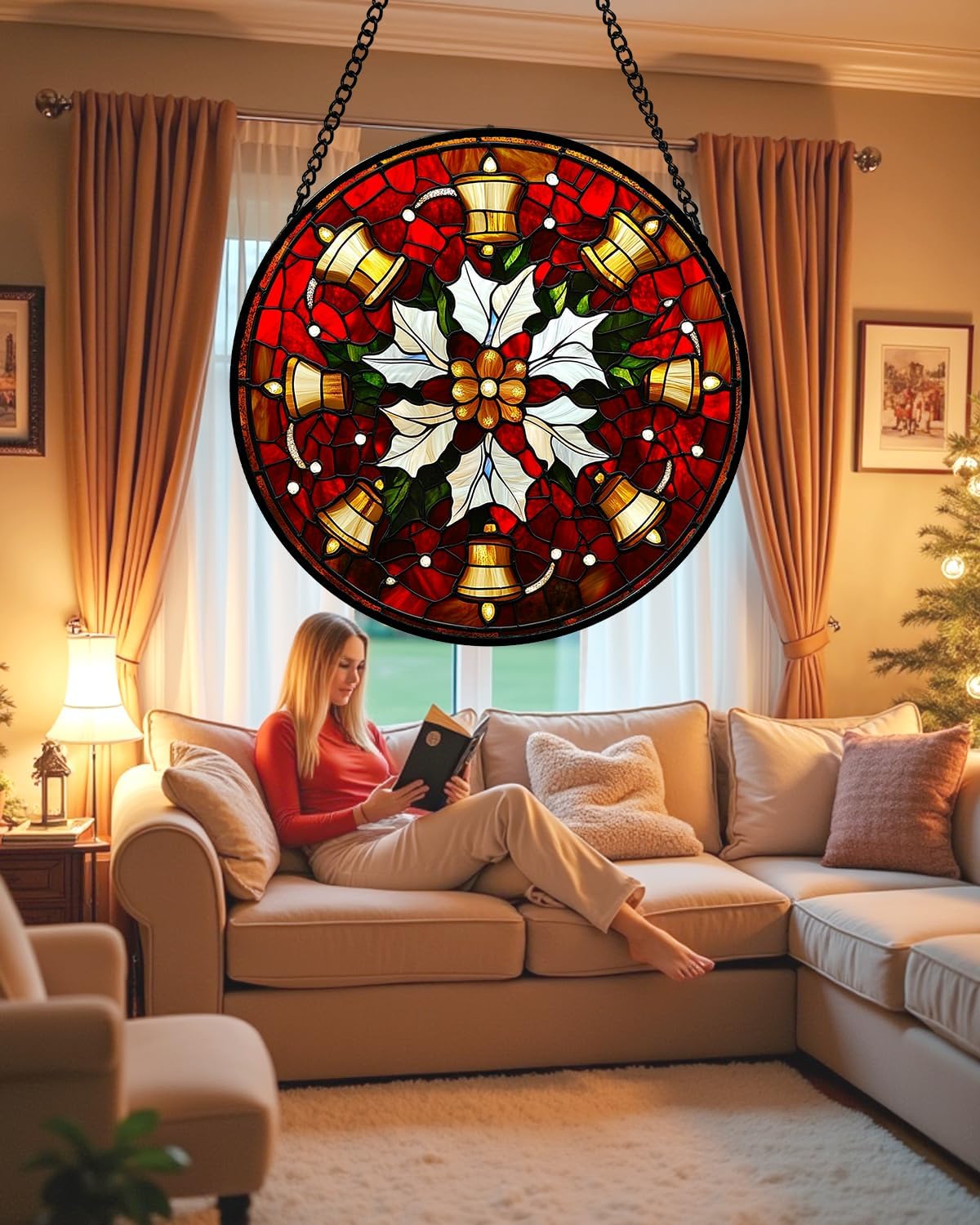Stained Glass Window Hanging - Golden Bells Flowers Suncatcher for Doors Home Christmas Decoration Winter Sun Catcher Thanksgiving New Year Birthday Gift for Friend Women Men Mom Nana 7.8 in