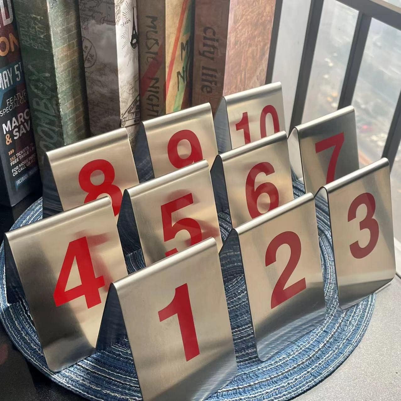 Metal Place Cards Stackable Tent Style Table Numbers,Place Card Holders for TRPG Wedding Party Restaurants Cafes Bars Gatherings Meeting Room Board Games (Red, Large 1-10)