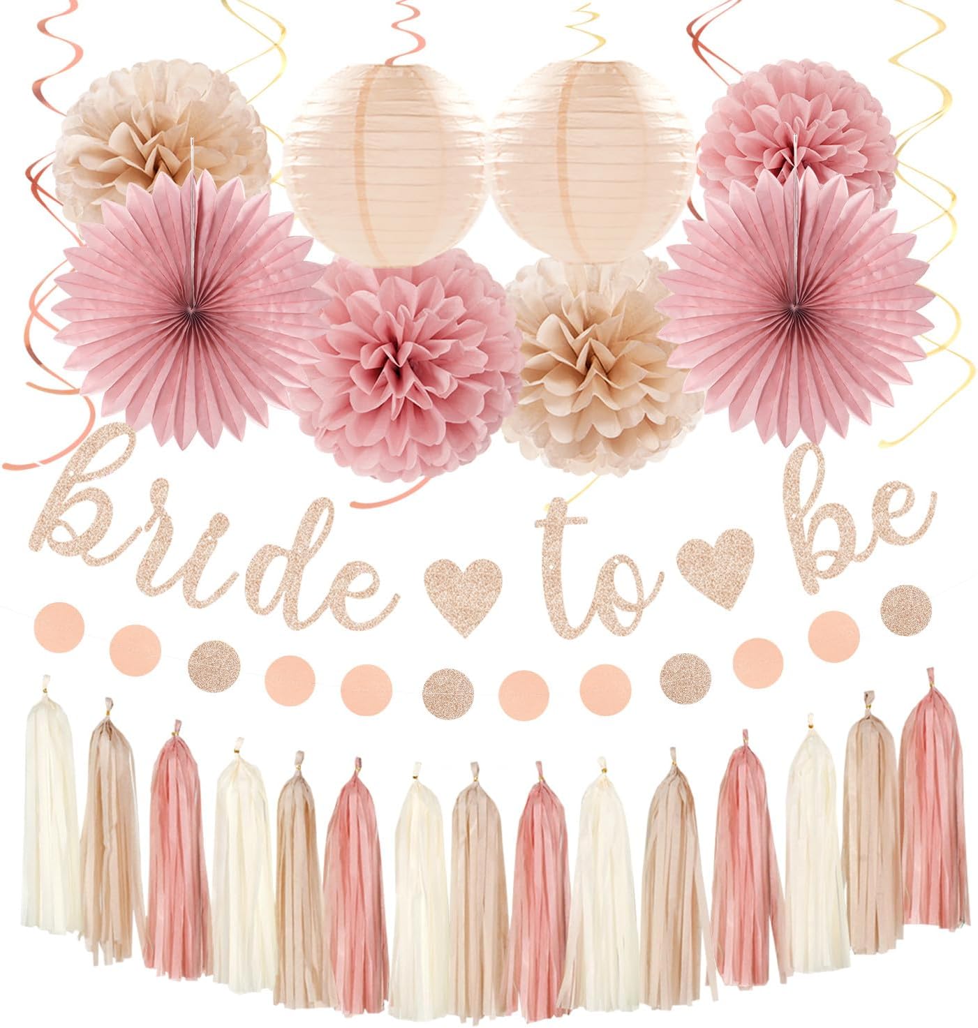 Blush-Pink Rose-Gold Bridal-Shower Fall Party-Decorations - 31pcs Bride To Be Sign Banner,Bachelorette Paper Lanterns,Wedding Streamers Garland,Boho Peach Tissue Pom Poms Fans Decor Supplies Burgleda