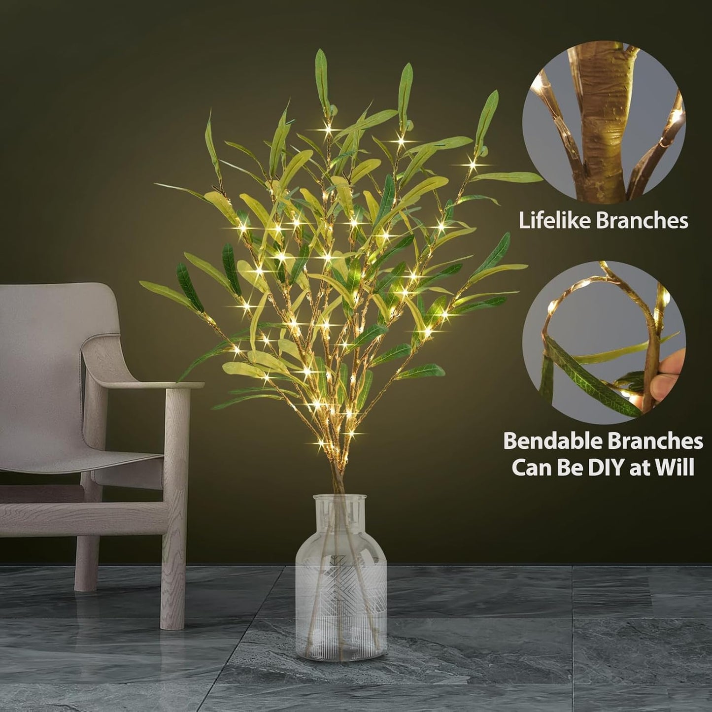 Olive Branches for Vases with Battery Operated Lights 33 Inches, 99LED Lighted Olive Tree Branches with Timer for Indoor Outdoor Spring Christmas Room Wedding Decoration