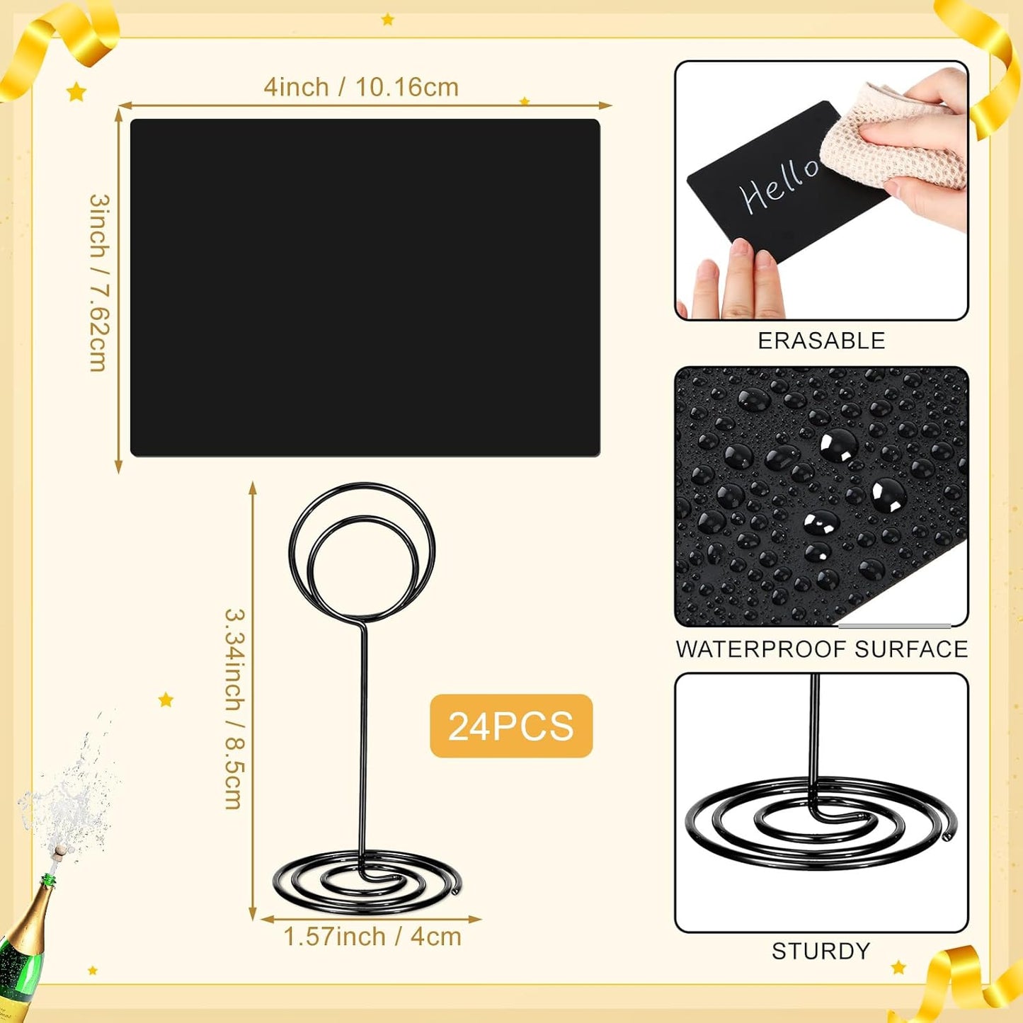 TecUnite 24 Pack Mini Chalkboard Signs, 4"x3" Small Table Place Cards with Metal Stand and 2 Marker Pens Food Labels for Party Buffet, Tabletop Blackboard Signs Name Tags for Wedding Bakery(Black)