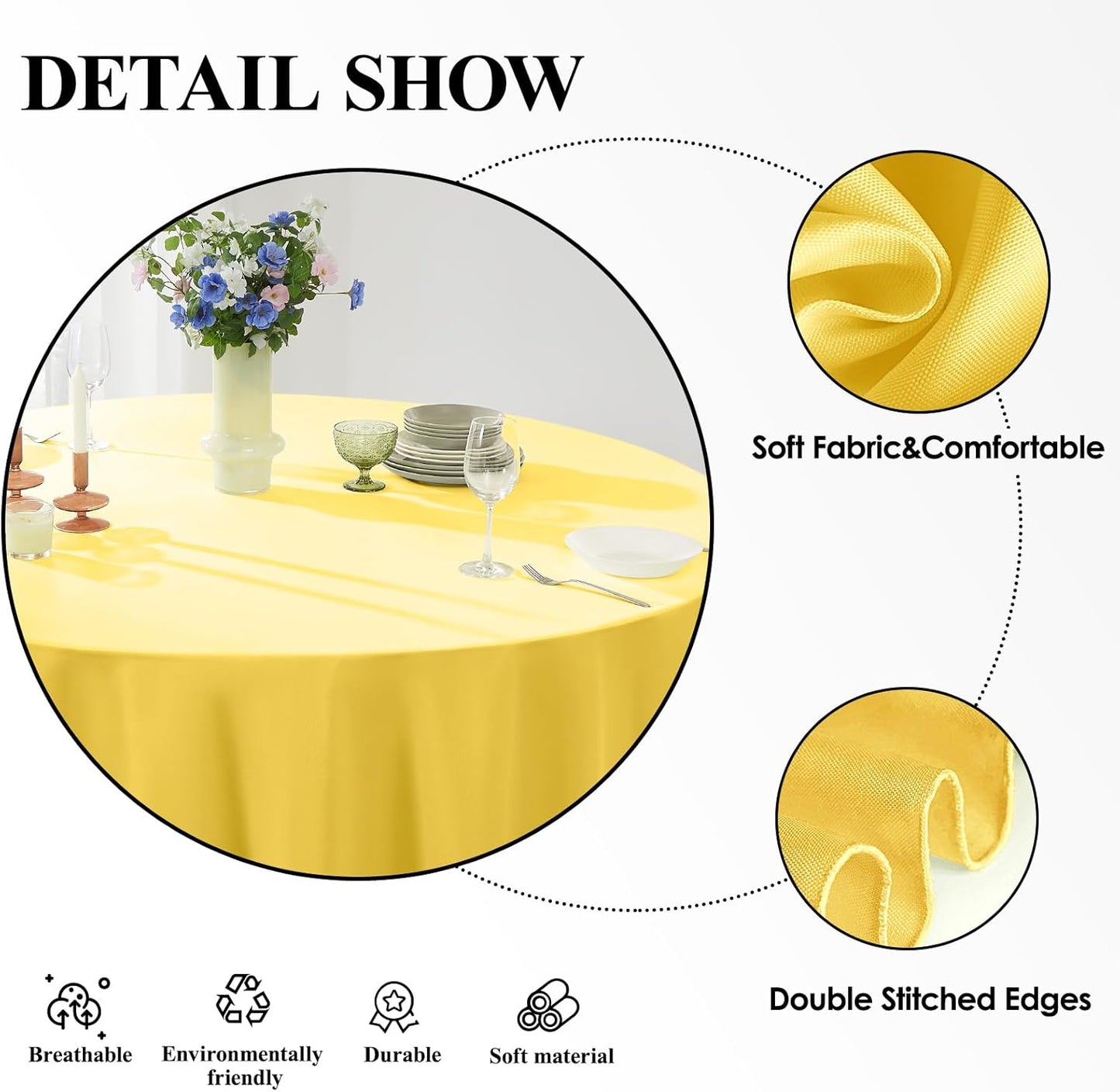 Round Tablecloth 120 Inch 2 Pack Yellow Tablecloths Washable Decorative Linen Polyester Table Clothes Cover for Dining Table Banquets Buffet Parties and Wedding