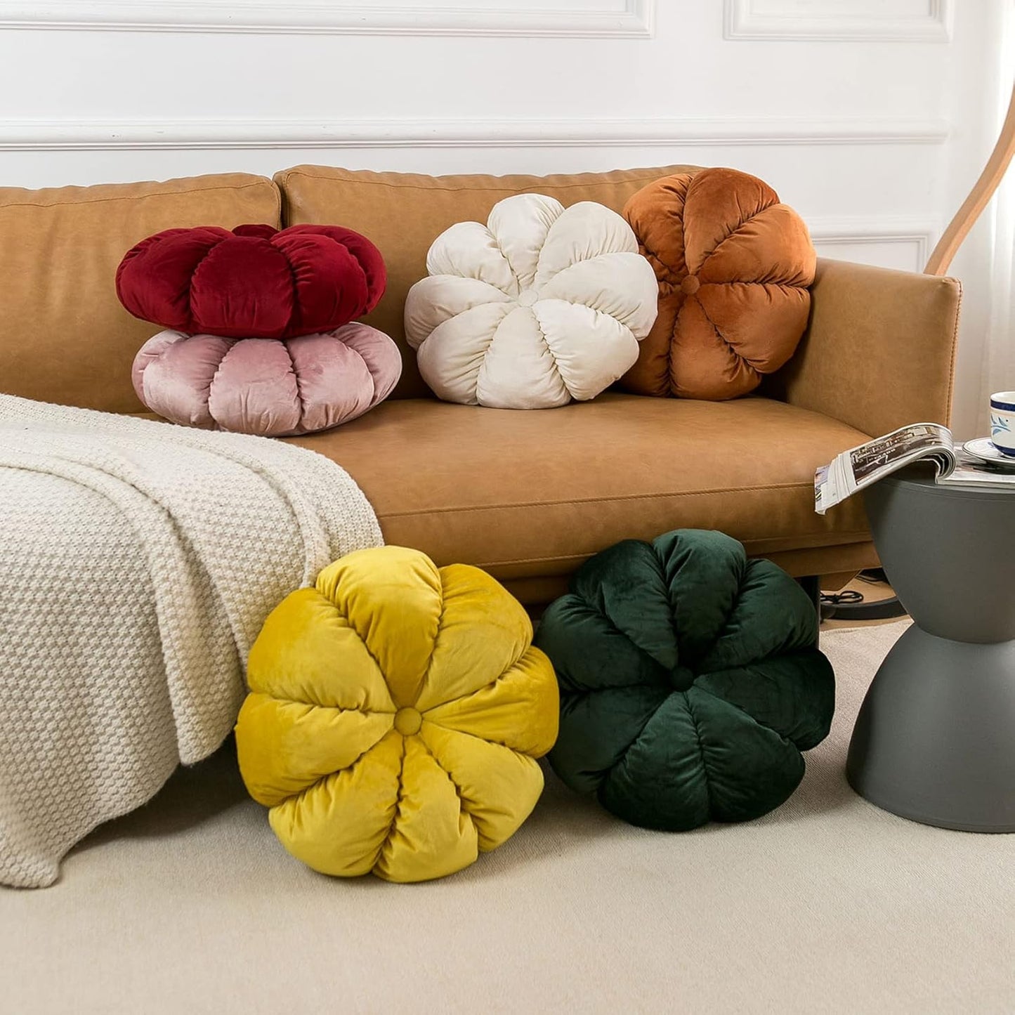 Flower Pillow Cushion Round Decorative Throw Pillow for Couch Bedroom Flower-Shaped Floor Cushion for Girls Kids (Dark Green, 15.7”)