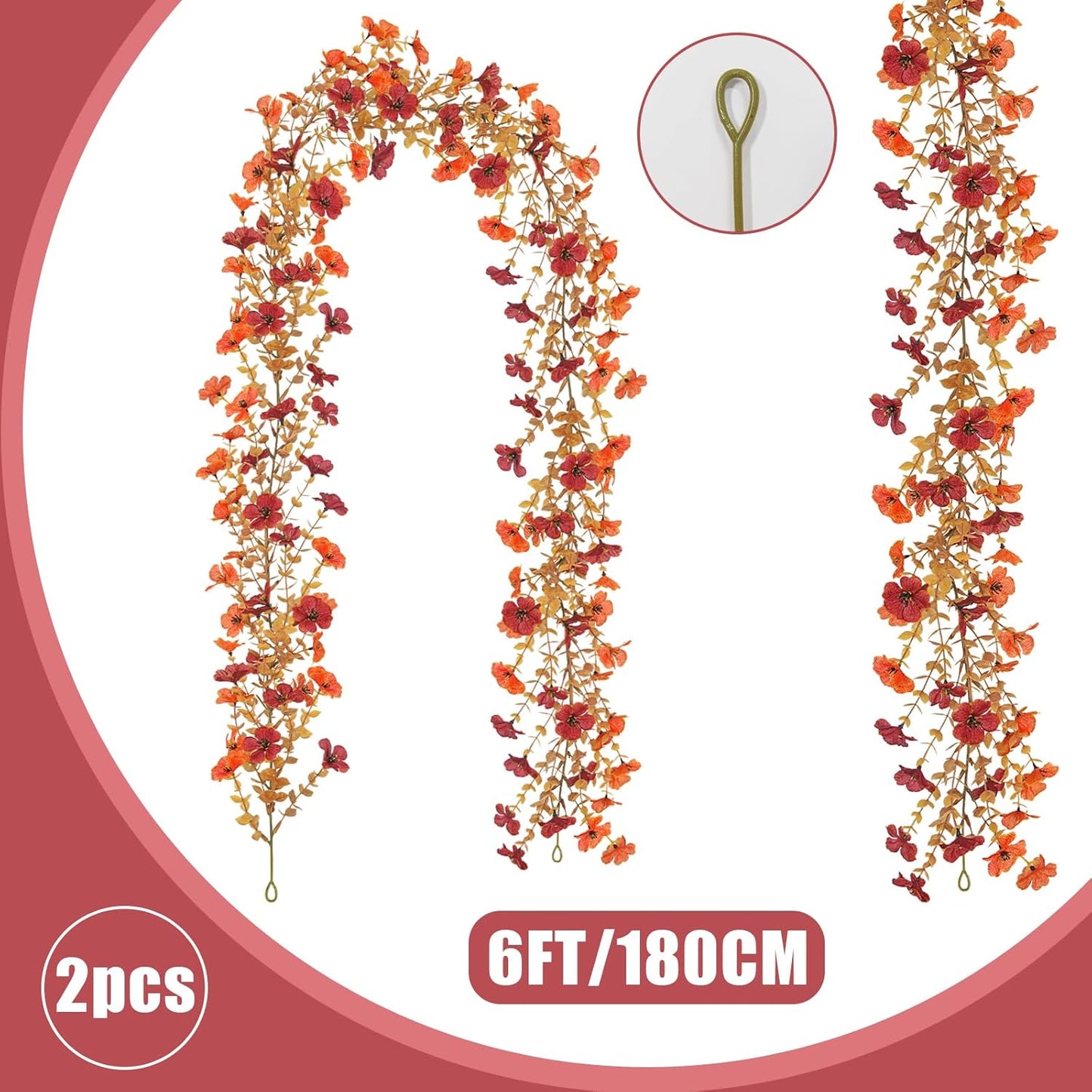 2 Pack Artificial Fall Flowers Garland, 6 FT Fall Decorations UV Resistant Fake Mums Floral Vines Faux Hanging Flower Ivy Garland for Home Party Table Wall Mantel Decor (Orange + Dark Red)