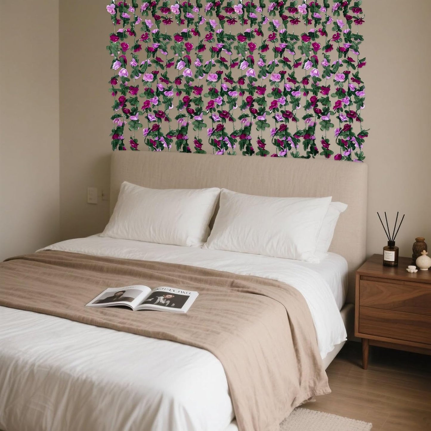 8Pcs 63Ft Purple Rose Garland, Fake Rose Hanging Flowers, Artificial Flower Vine, Hanging Floral Vine Garland for Wedding, Birthday Party, Wall Arch, Halloween, Christmas Garden Backdrop Decor