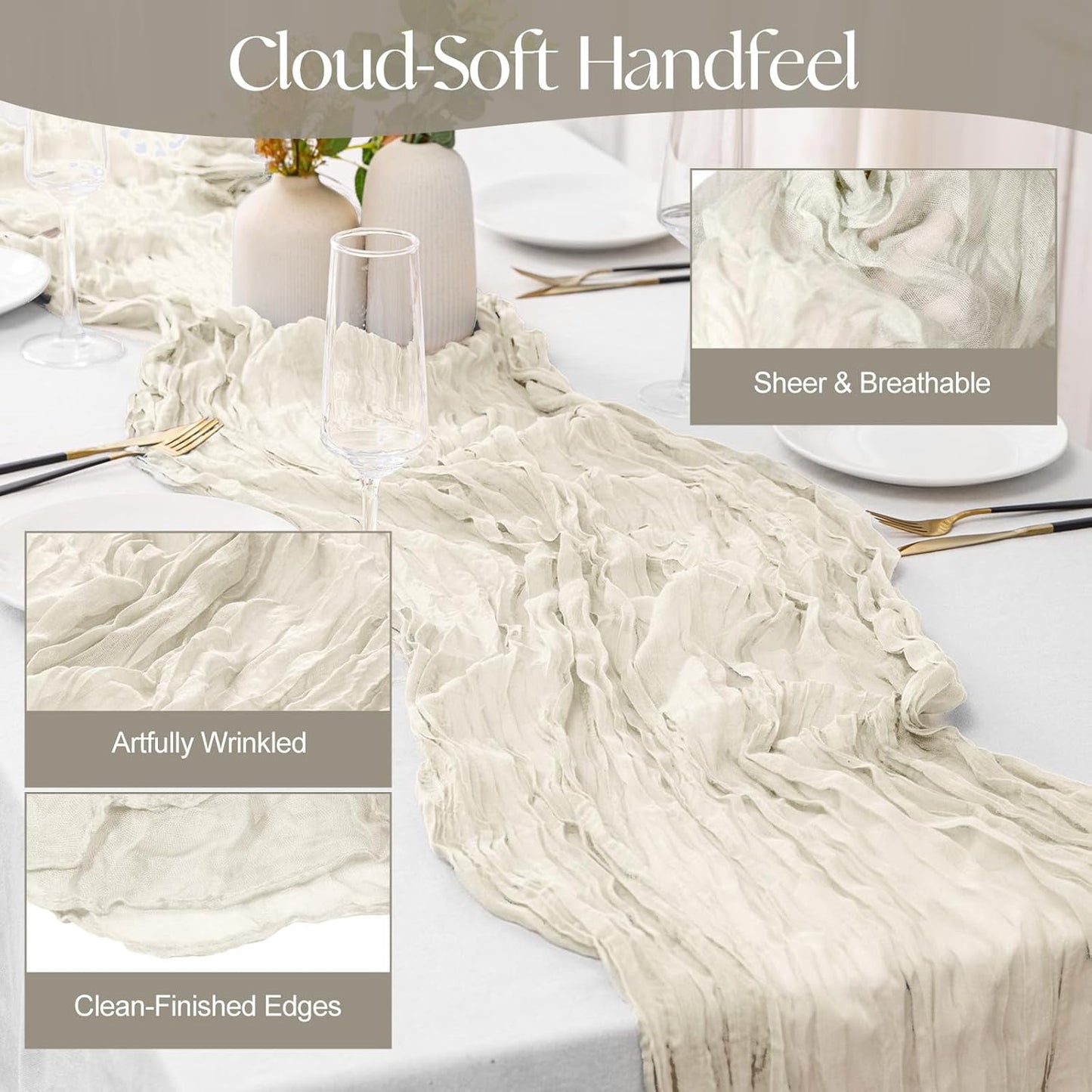 2 Pcs Ivory Cheesecloth Table Runner - 120 inch 10FT Boho Rustic Gauze Cheese Cloth Table Runner Decor for Spring Summer Party Wedding Birthday Baby Bridal Shower Home