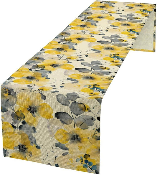 Floral Table Runner,Yellow Flowers Spring Print Table Cloth Kitchen Dining Table Home Party Decoration 13x36 Inch