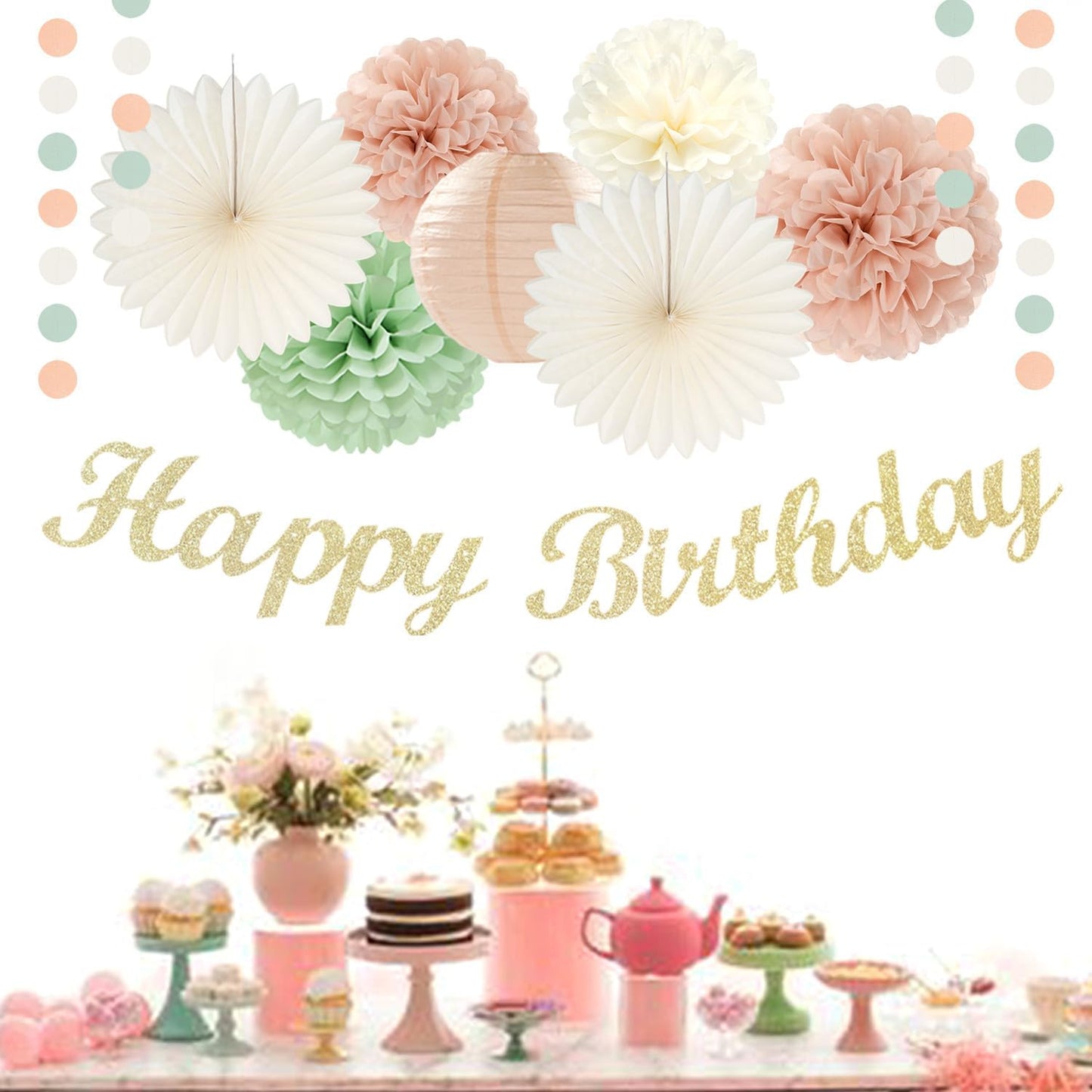 Sage-Green Pink First Happy Birthday Party-Decorations - 22pcs 18th Women Girls Paper Lanterns Streamers Banner Pom Poms,Spring Boho Aesthetic Bohemian Pastel Neutral Decor Backdrop Supplies Hugmoon
