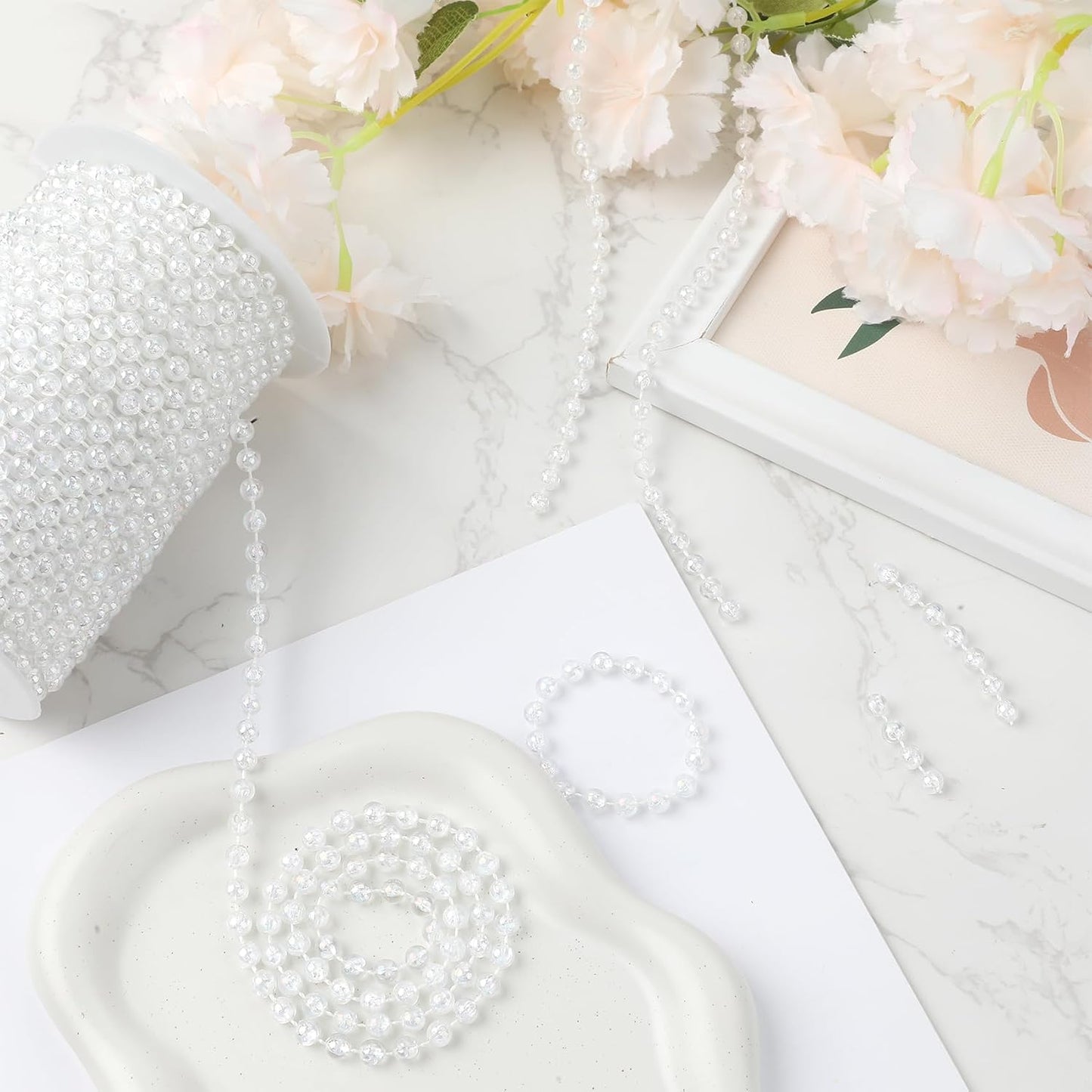 Pearl Beads Garland, 6 MM Clear Faux String of Pearls, Pearl Garland for Christmas Tree 82FT Pearl Beads Strand Spool Bead Roll for Crafts Floral Centerpieces Wedding Party Christmas Tree Decorations