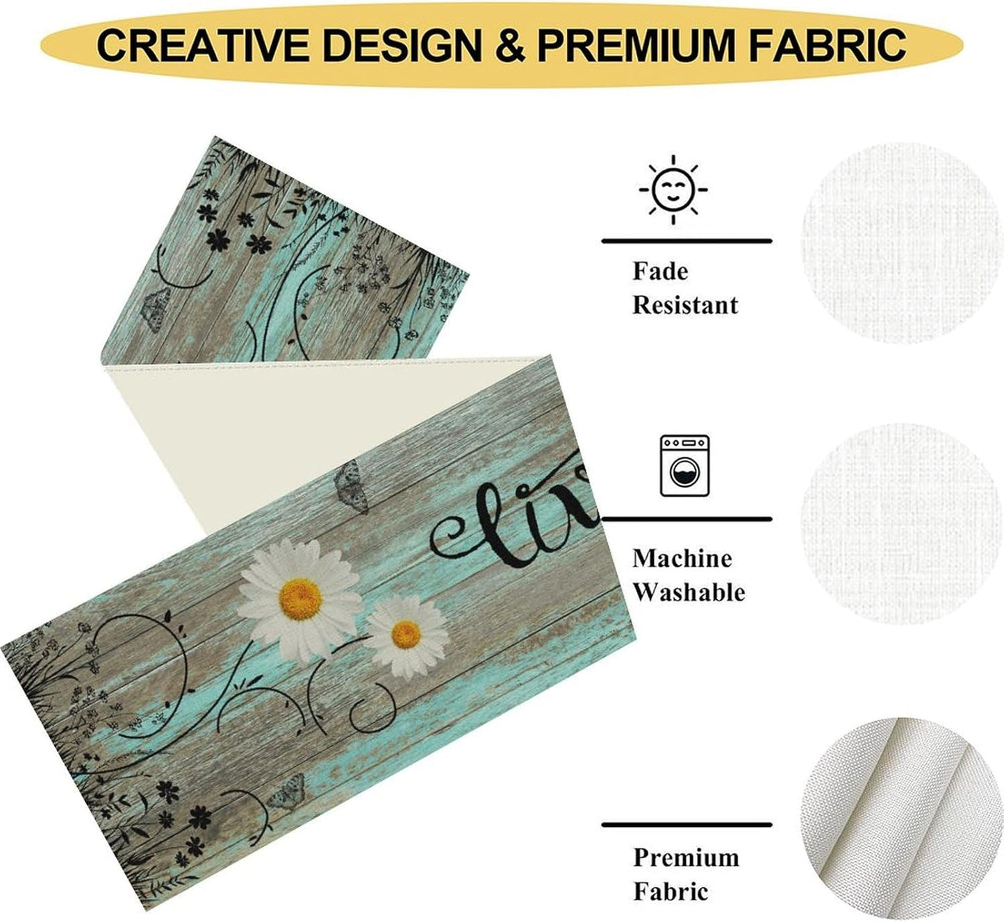 Farmhouse Table Runner, Rustic Wood Plank Spring Daisy Flower Retro Wooden Country Table Center Decor for Home Kitchen Dining Patio Holiday Party Indoor Outdoor Table Decorations, 13"x90" Inch