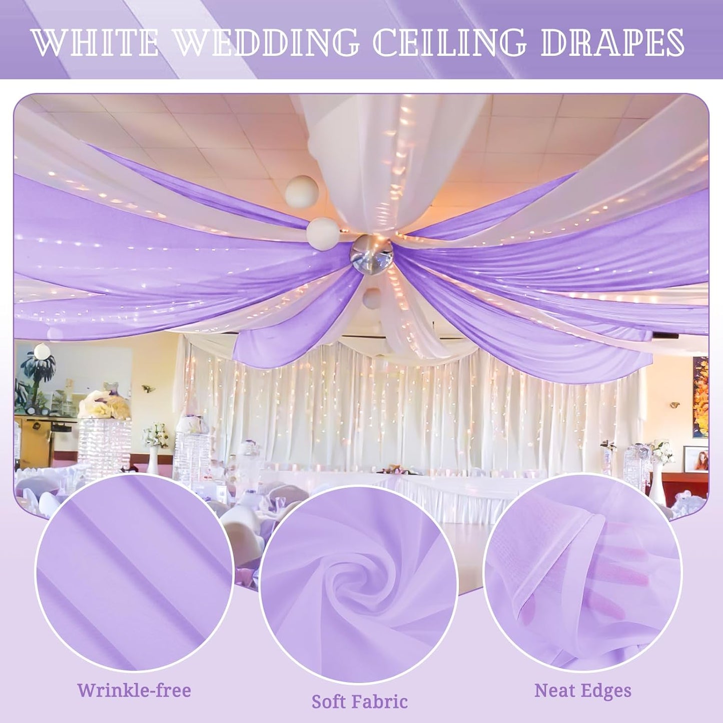 6 Panels Lavender Ceiling Drapes for Wedding 5ftx10ft Chiffon Fabric Arch Draping Curtains Sheer Drapery for Party Ceremony Birthday Baby Shower Reception Stage Swag Ceiling Decorations
