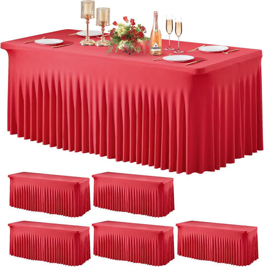 Wish Care 6 Pack Red Spandex Table Clothes for 8 Foot Rectangle Tables, 8FT Wrinkle Free Fitted Tablecloths Ruffles Design Table Cover for Party, Banquet, Wedding and Events