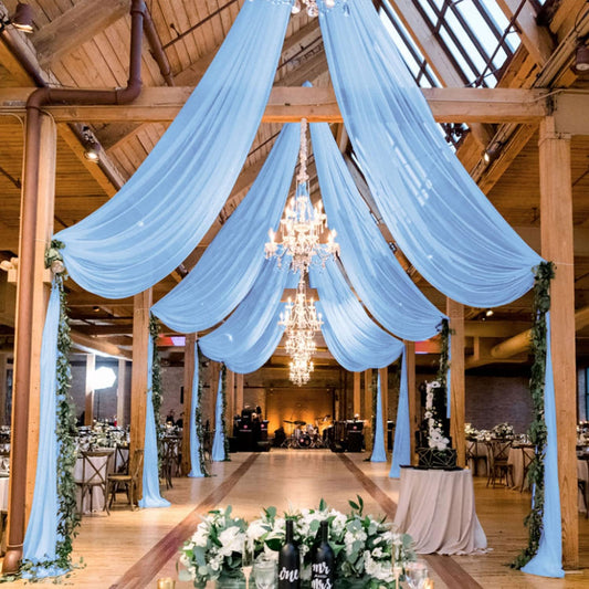 MODFUNS Light Blue Ceiling Drape 5x20ft 4 Panels Chiffon Ceiling Draping Fabric Sheer Wedding Arch Drapery Stage Canopy Ceiling Drapes Chiffon Curtain Drapes for Arbor Swag Tent Party Decoration