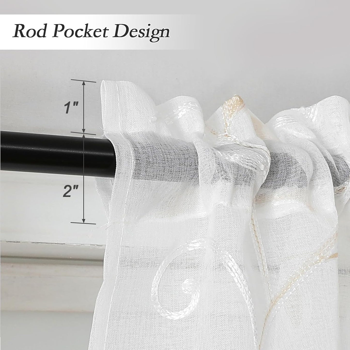 VISIONTEX White Sheer Voile Curtains, Decorative Leaves Embroidery Faux Linen Rod Pocket Window Drapes for Home Kitchen, Living Room and Bedroom 26 x 36 Inch, Set of 2 Curtain Panels