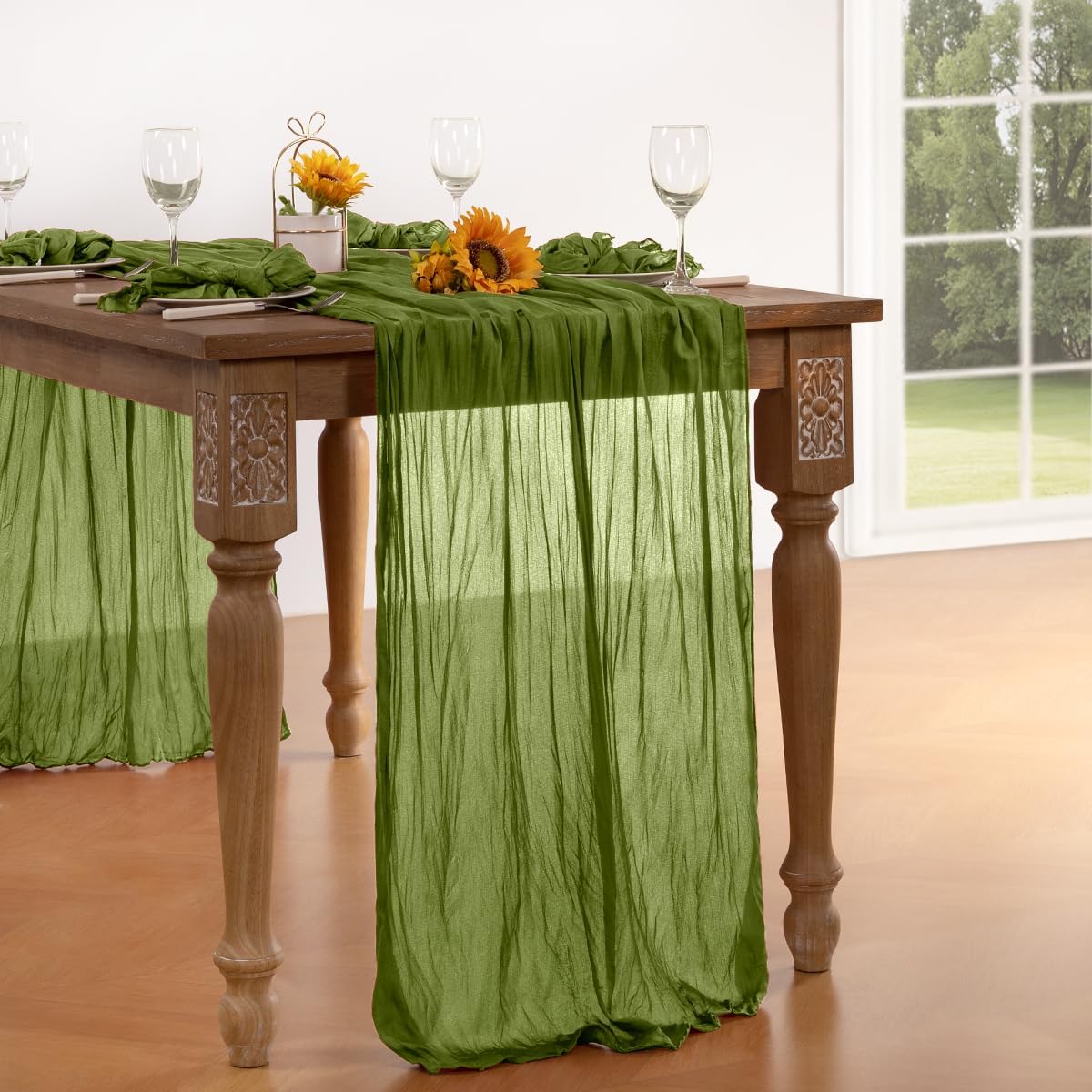 Olive Green Cheesecloth Table Runner 6 Pack Fall Table Runners Boho Gauze 120 Inches Green Fall Cheese Cloth Table Decorations for Thanksgiving Wedding Bridal Baby Shower Tea Party