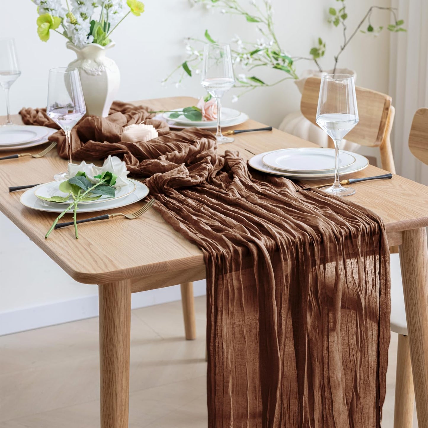 Asee'm 6pcs Cheesecloth Table Runner 120 Inches Long Brown Boho Gauze Cheese Cloth Runner 10FT Rustic Sheer Fall Table Runners for Thanksgiving Christmas Wedding Party Baby Shower Decoration