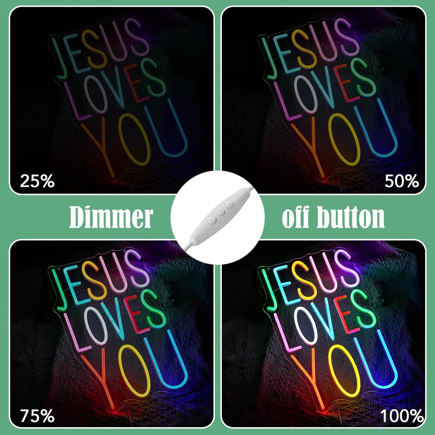 Jesus Loves You Neon sign Colorful Led Letters Sign Neon Light for Wall Decor Dimmable Jesus Light Up Sign for Home Christ Church Wedding Birthday Party Decor(USB Power)