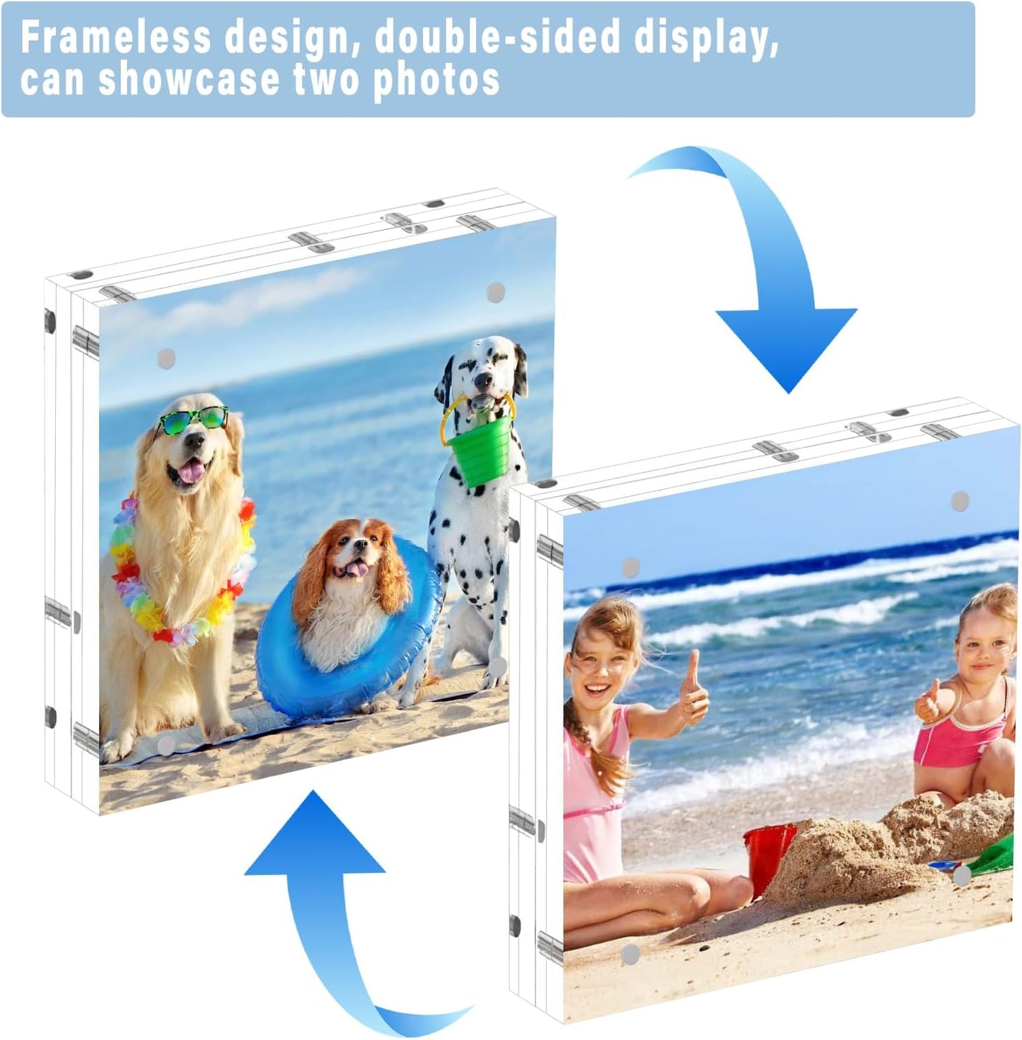 HELPLEX 5 Pack 8x8 Acrylic Picture Frames, 24mm Thicker Square Frameless Clear Frame Double Sided Magnetic Frame, Free Standing Desktop Display Stand