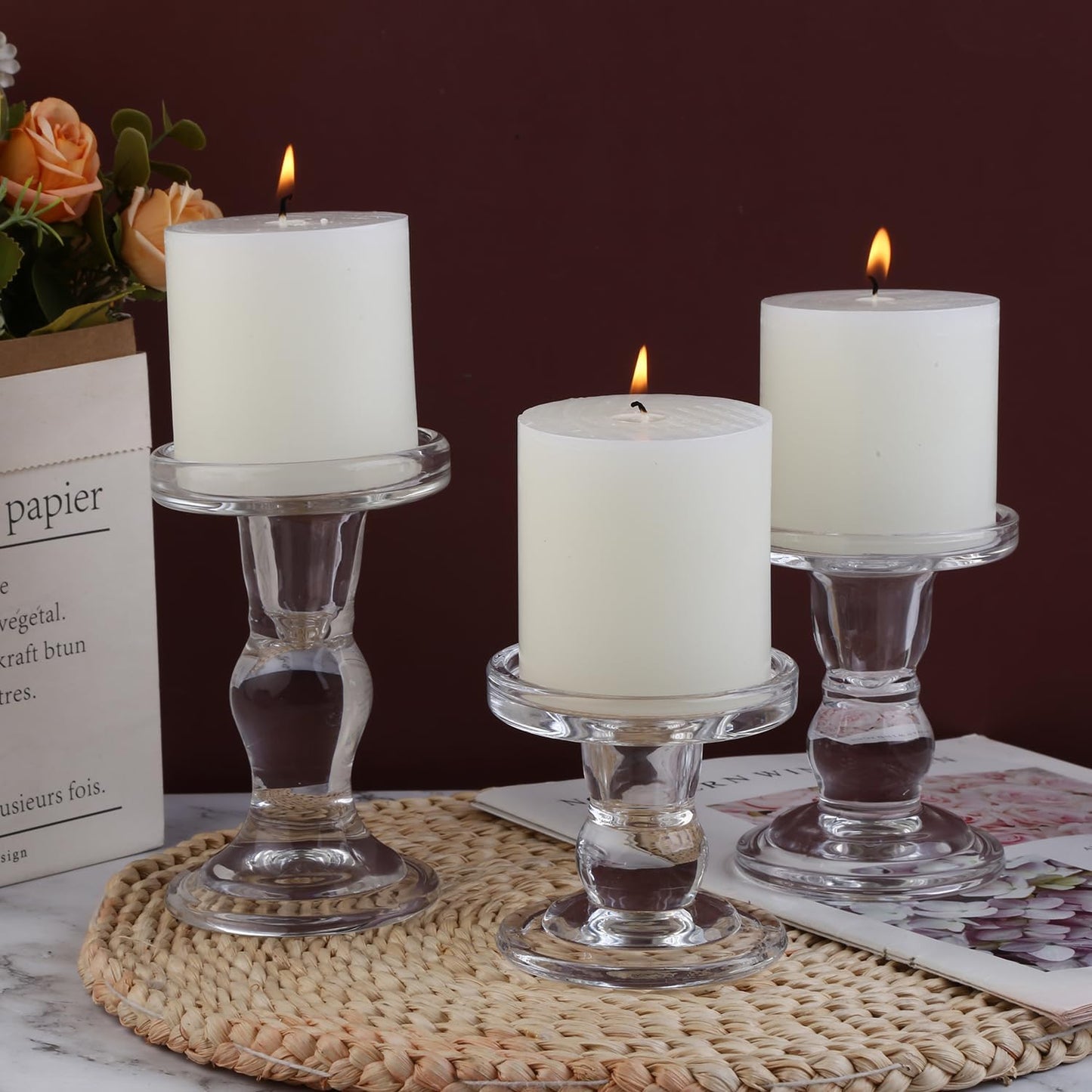 3-Piece Set of Glass Candlestick, Crystal Candlestick Holder Holder and Conical Candle, Christmas Candle Holder Decoration, Family Living Room Wedding Candle Holder (Clear)