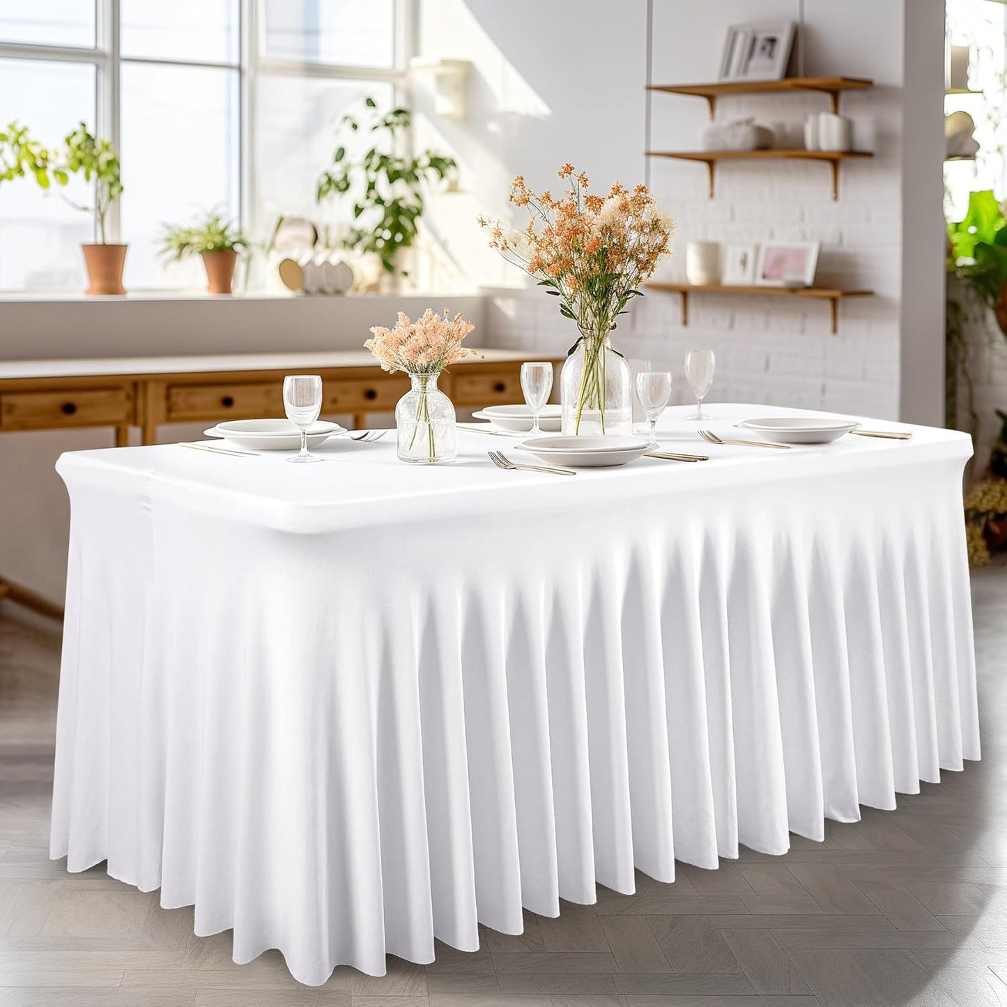 Wish Care 6 Pack White Spandex Table Clothes for 4 Foot Rectangle Tables, 4FT Wrinkle Free Fitted Tablecloths Ruffles Design Table Cover for Party, Banquet, Wedding and Events