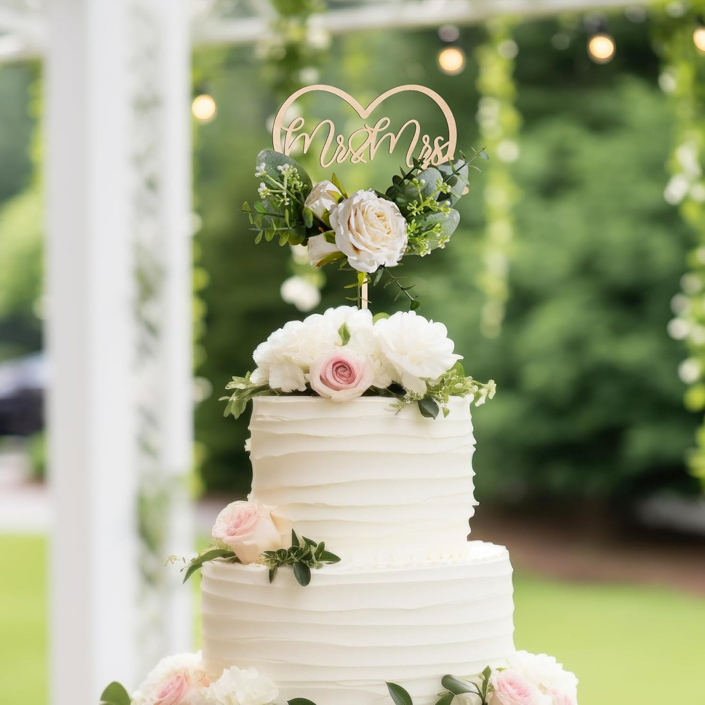 Mr & Mrs Wedding Cake Topper in Wood Heart Cake Topper with Flowers and Leaves