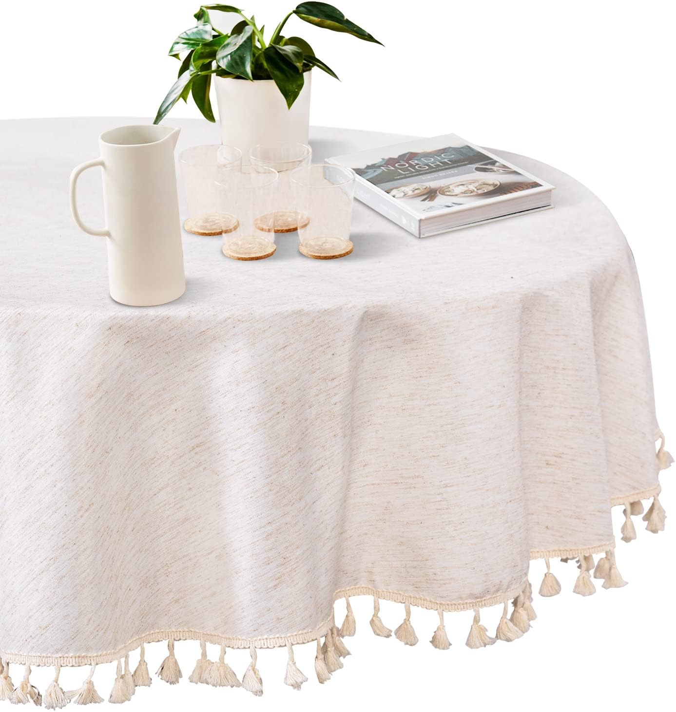 MYSKY HOME Table Cloth 60 in Round Cotton Tablecloth, Heavy Duty Linen Look Waterproof Tablecloths Farmhouse Tablecloth, Soft and Wrinkle Free Table Cover with Beige Tassels for Kitchen Dining, Party