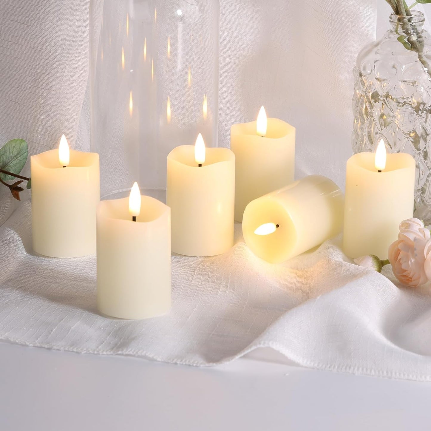 Eywamage Timer Flameless Votive Candles 2 inch x 3 inch , Flickering Small LED Pillar Candles Batteries Included, Ivory Christmas Home Decor 6 Pack with 5 hours timer