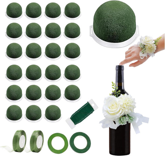 24PCS Round Floral Foam Blocks Holder Set Mini Flower Foam with Bouquet Accessories，Floral Wire, Plant Tape,Crafts Gift Ribbon