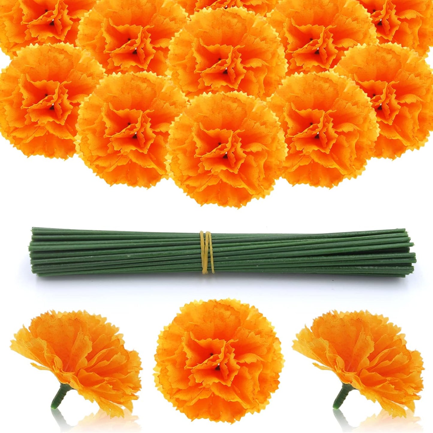 Hananona 200 Pcs Marigold Flower Heads Bulk, Silk Marigold Heads with Stems Artificial Marigold Flowers for Diwali Home Decor DIY Marigolds Garland Craft Day of Dead Decorations (200, Orange)
