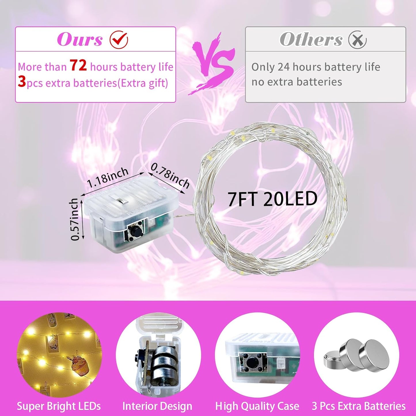 50 Pack Pink Fairy Lights 7Ft 20 LED Twinkle String Lights 3 Modes Battery Operated Waterproof Firefly Starry for Mason Jar Party Wedding Christmas Valentines Day Table Centerpieces