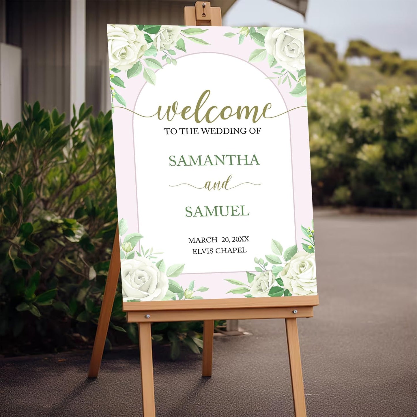 Editable Greenery Wedding Welcome Sign Template, Printable White Floral Sign for Ceremony or Reception, Modern Minimalist Wedding Decor