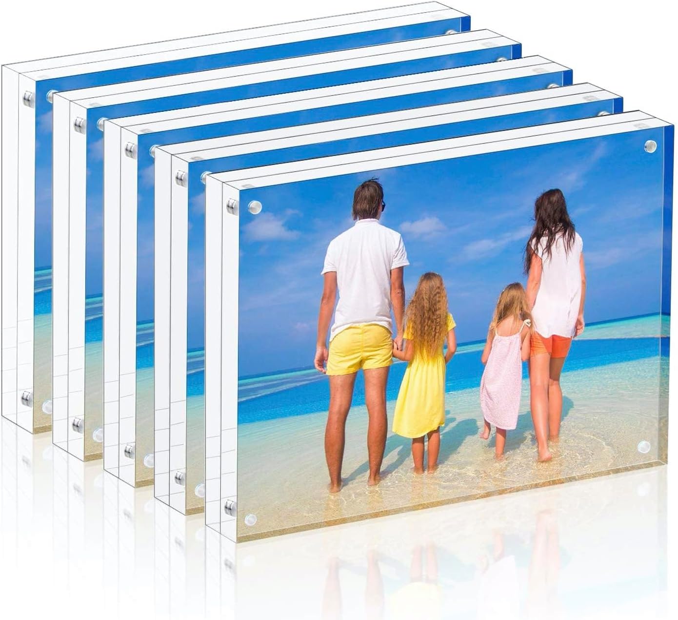Meetu Acrylic Picture Frame 3.5 x 5 inch,5 Pack Clear Freestanding Double Sided 20mm Thickness Frameless Magnetic Photo Frames Desktop Display with Gift Box Package