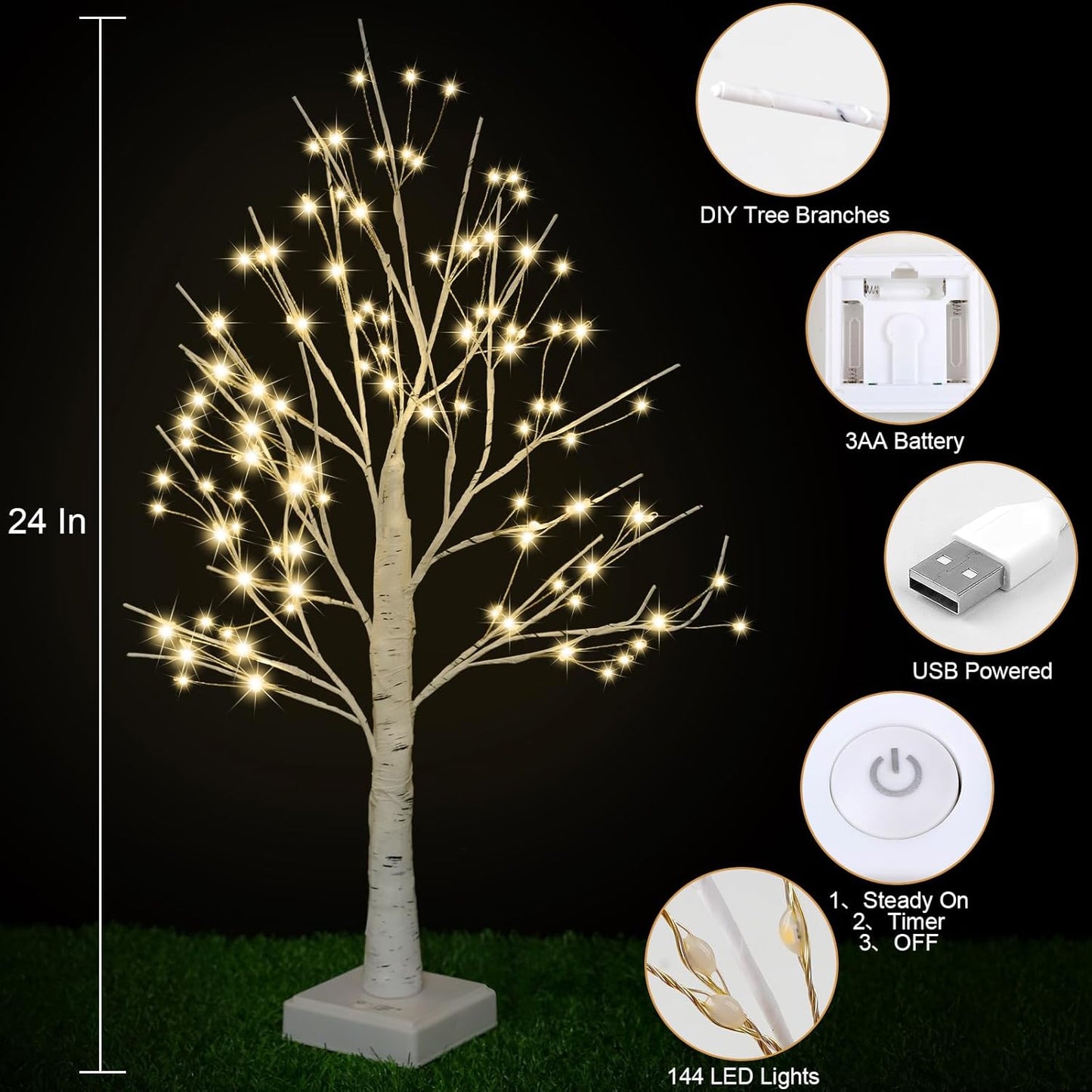144 LED Artificial Lamp with Timer, DIY Birch Tree With Lights, USB/Battery Powered, Fairy Light Spirit Tree for Table Home Wedding Bedroom Christmas (Warm White)