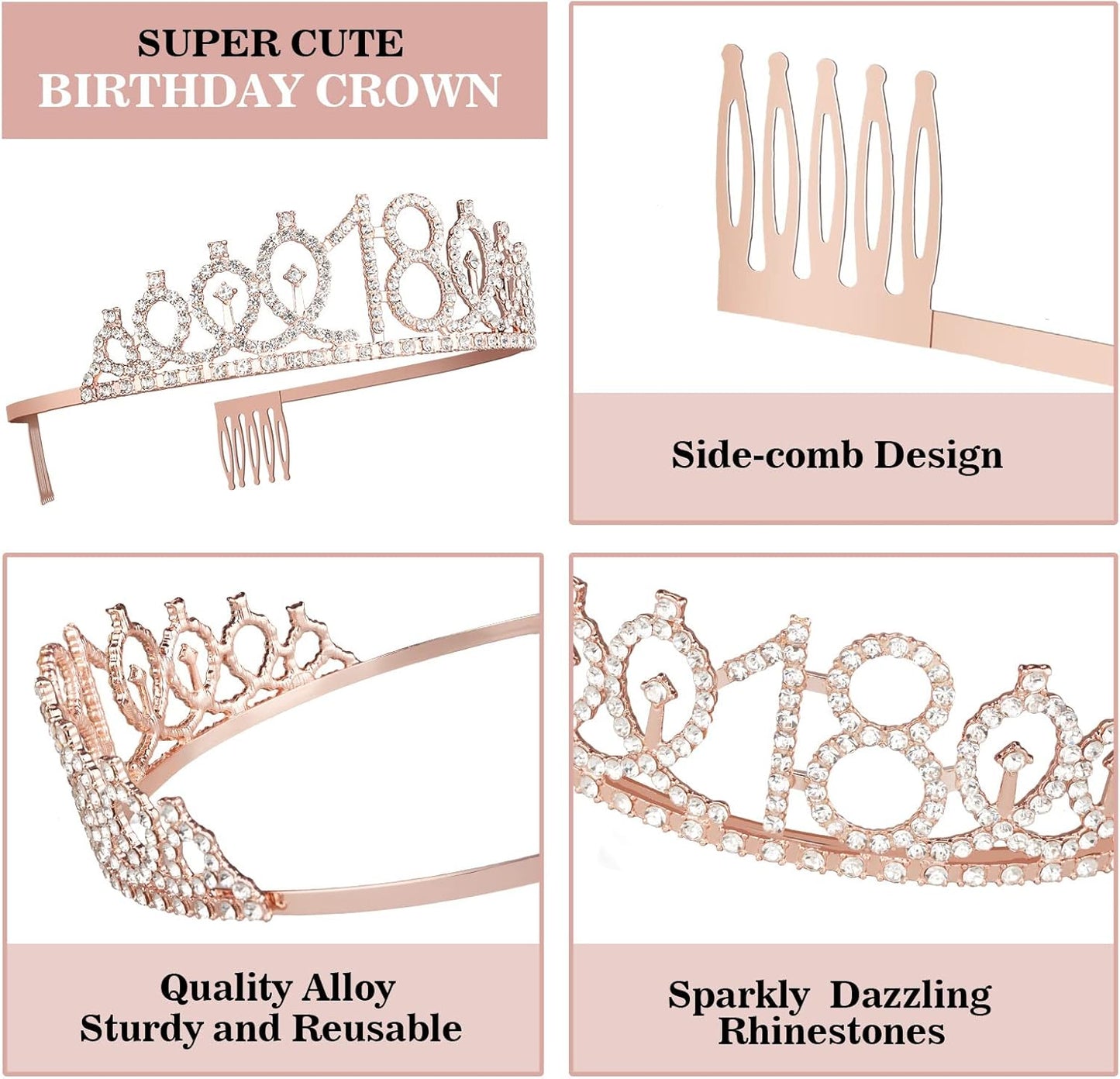 18th Birthday Decorations for Girls, Including Sash, Crown/Tiara, Candles, Cake Topper, 18th Birthday Gifts for Girls, Rose Gold Party Decor Supplies