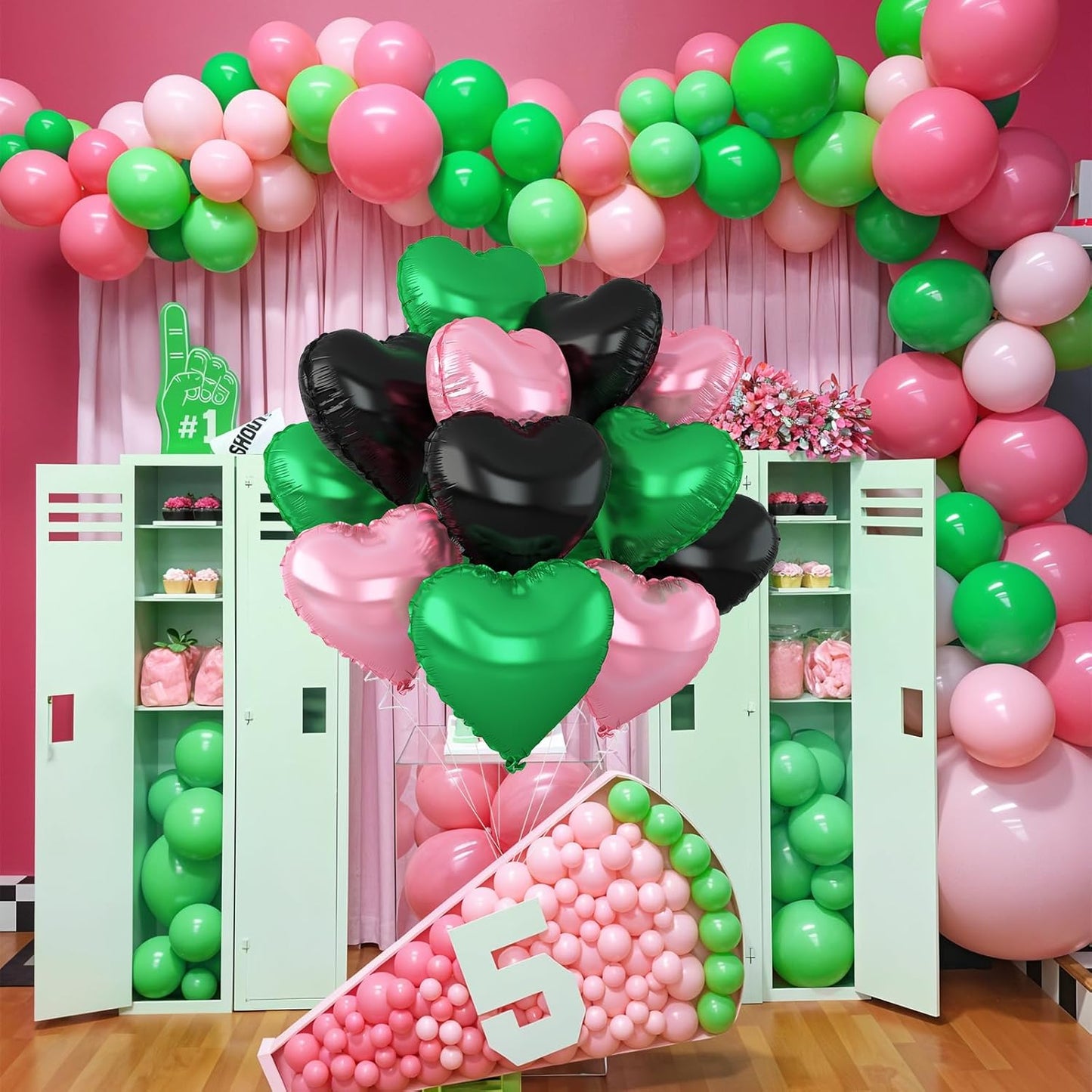 Black Green Pink Heart Balloons,12Pcs 18Inch Pink Green Heart Shaped Foil Helium Balloons for Baby Shower Witch Themed Birthday Anniversary Party Decorations