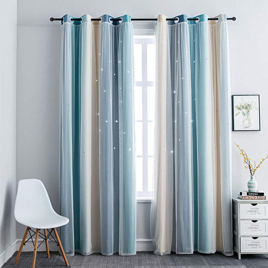 FANLI Ombre Rainbow Blackout Curtains for Kid Girls Bedroom Living Room Darking Stripe Double Layer Star Cut Out Wall Home Decor Gradient Grommet Window Curtains (Blue/Yellow, 52W x 72L)