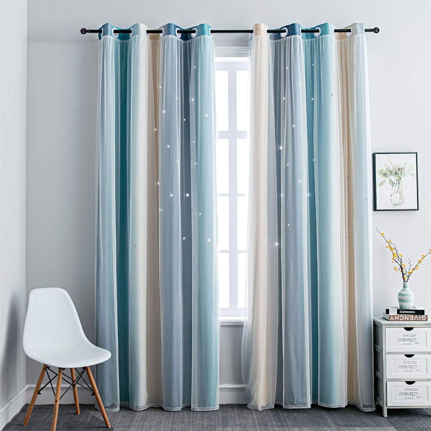 FANLI Ombre Rainbow Blackout Curtains for Kid Girls Bedroom Living Room Darking Stripe Double Layer Star Cut Out Wall Home Decor Gradient Grommet Window Curtains (Blue/Yellow, 52W x 95L)