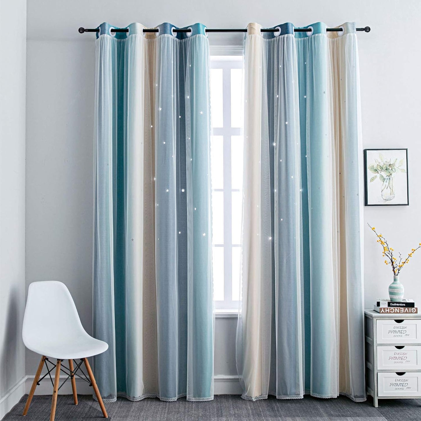 FANLI Ombre Rainbow Blackout Curtains for Kid Girls Bedroom Living Room Darking Stripe Double Layer Star Cut Out Wall Home Decor Gradient Grommet Window Curtains (Blue/Yellow, 52W x 63L)