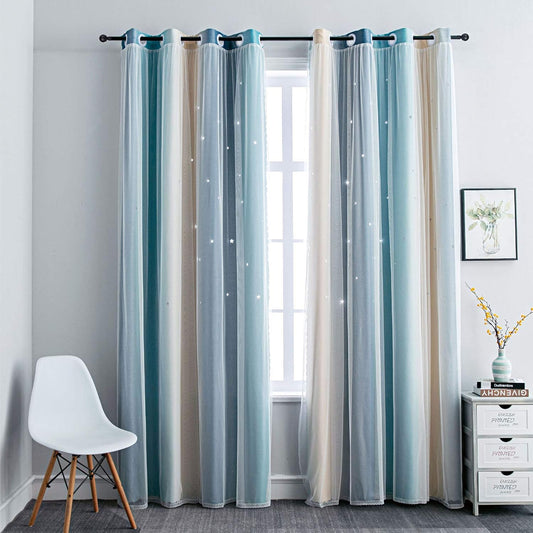FANLI Ombre Rainbow Blackout Curtains for Kid Girls Bedroom Living Room Darking Stripe Double Layer Star Cut Out Wall Home Decor Gradient Grommet Window Curtains (Blue/Yellow, 52W x 63L)