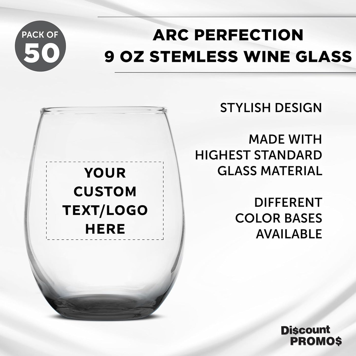 Custom Stemless Wine Glass 9 oz. Set of 50, Personalized Bulk Pack - Great for Wedding Favors, Bachelorette Party Decorations, Party Favors, Color Bottom - Black