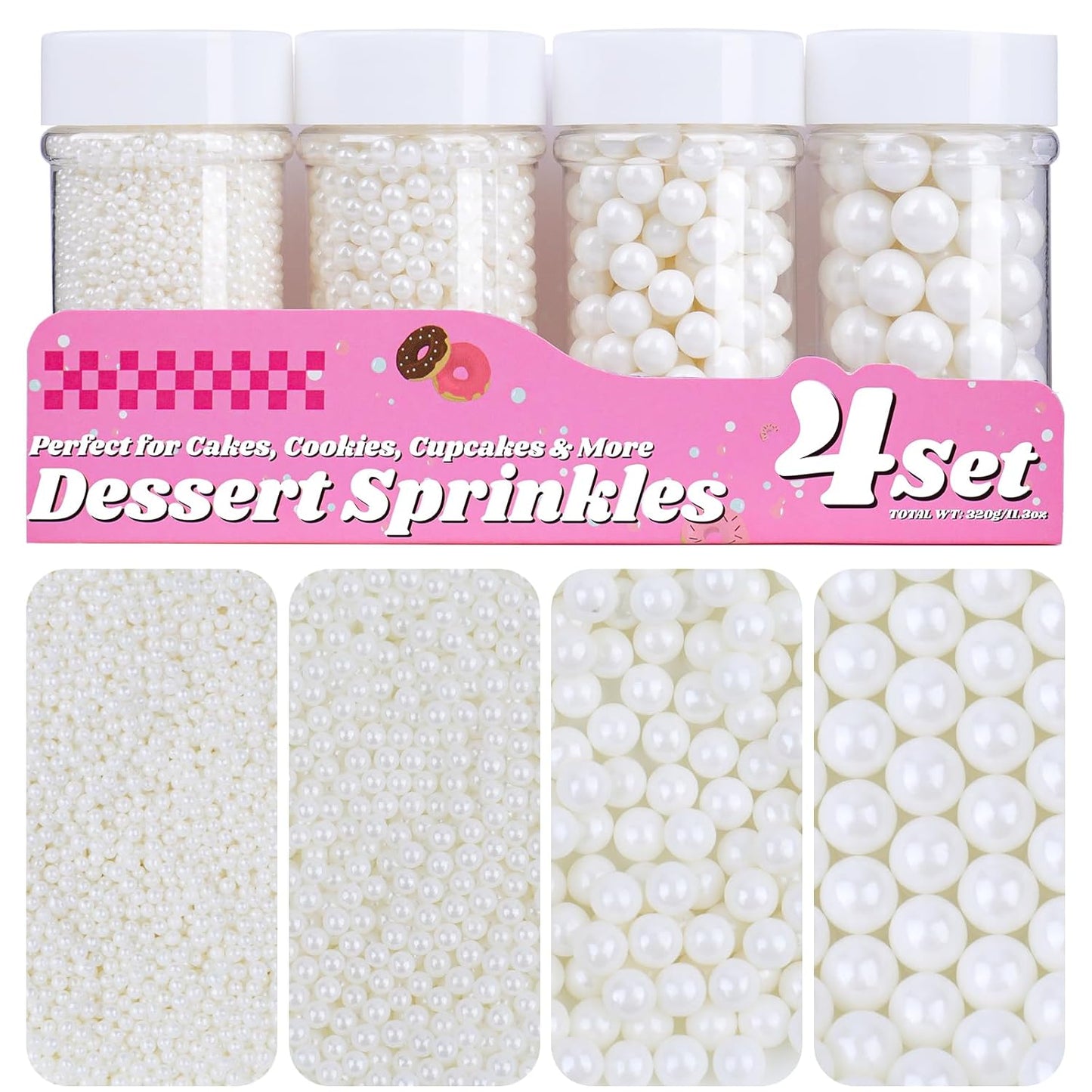White Pearl Sprinkles for Cake Decorating, 11.3 Oz Edible Pearls Sugar 4 Sizes Gift Box Set for Baking Cookie Ice Cream Cupcake Toppings
