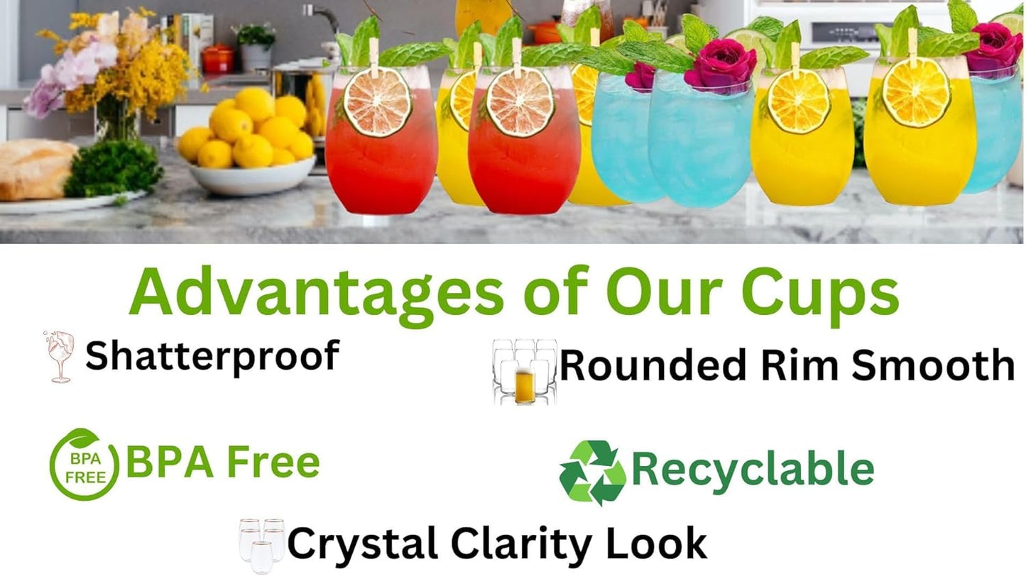 48 piece Stemless Unbreakable Crystal Clear Plastic Wine Glasses Set of 48 Small (10 Ounce - Gold Rim)