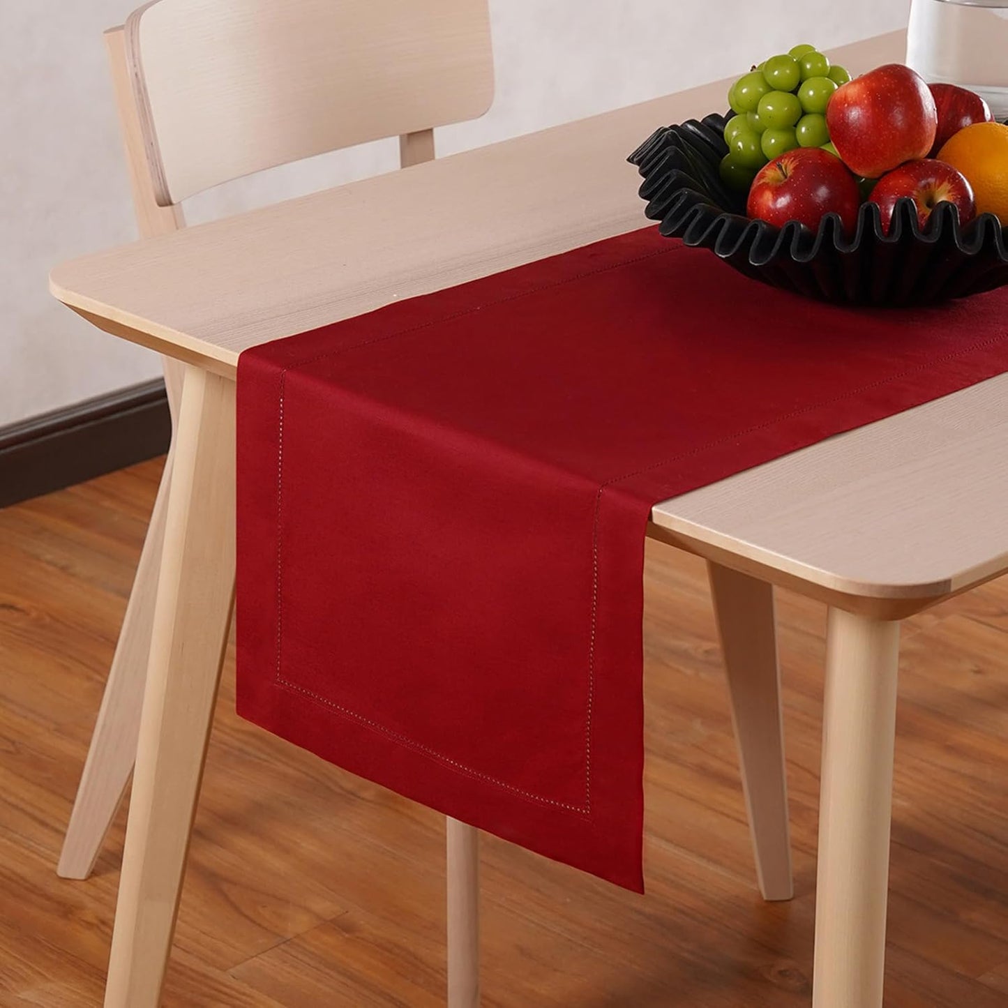 Red Table Runner 90 Inch – Cotton Linen Hemstitch Farmhouse Table Runner 14x90 –Washable Fabric for Dining, Fall, Halloween, Thanksgiving, Spring, Summer, Wedding, Everyday Décor – Serena