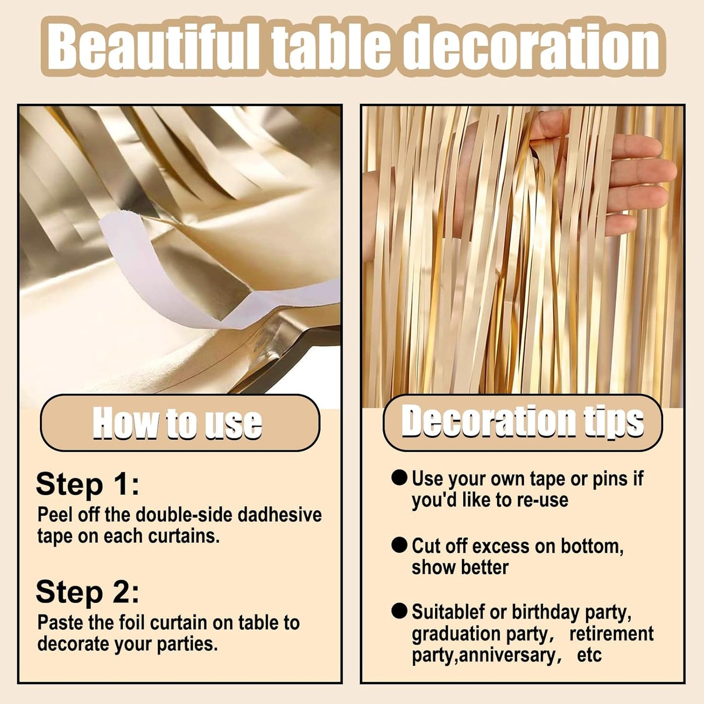 3 Pack 29 x108 Inch Champagne Gold Foil Fringe Table Skirts Metallic Banner for Tinsel Streamer Garland Backdrop for Parade Floats Wedding Thanksgiving Birthday Christmas New Year Party Decoration