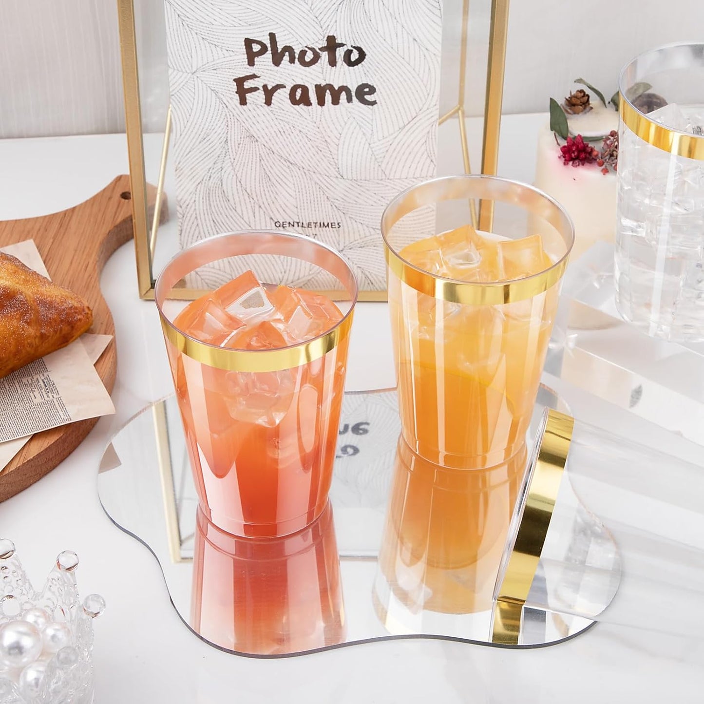 I00000 100 Pack 12 oz Gold Plastic Cups, Gold Rimmed Disposable Cups, Disposable Wine Glasses Cocktail Glasses Premium Cup with Golden Rim, 12 Ounce Plastic Tumblers for Party & Wedding